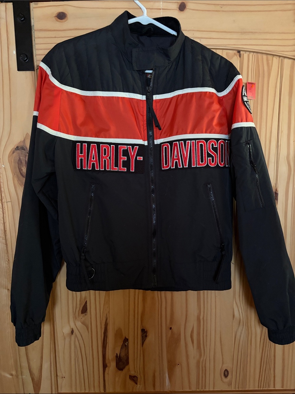 Mens size small Harley‑Davidson Black and Orange Zip‑Front Bomber Jacket